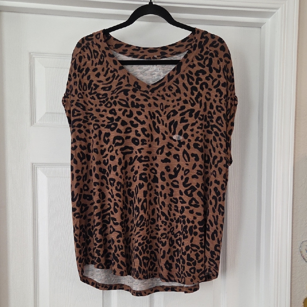 24/7 Comfort Apparel Brown Leopard V-Neck Top
